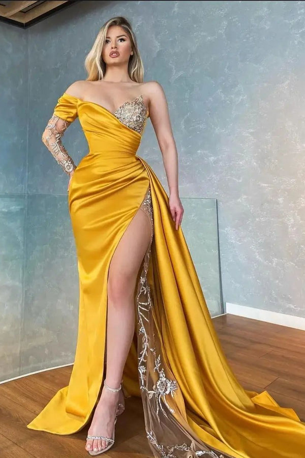 Yellow Long Sleeve Split Mermaid Appliques Prom Dress With Ruffles Sweetheart