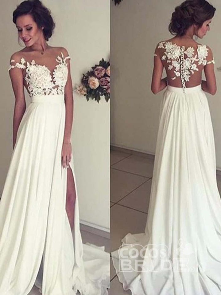 Bmbride Cap Sleeves Lace Ruffles A-Line Wedding Dresses