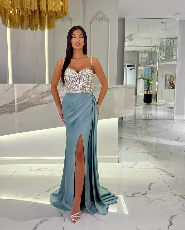 Baby Blue Prom Dress with High Slit Spaghetti Straps Sweetheart Appliques