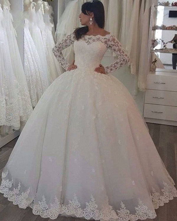 Bmbride Off the Shoulder Long Sleeve Princess Wedding Dress With Appliques Lace