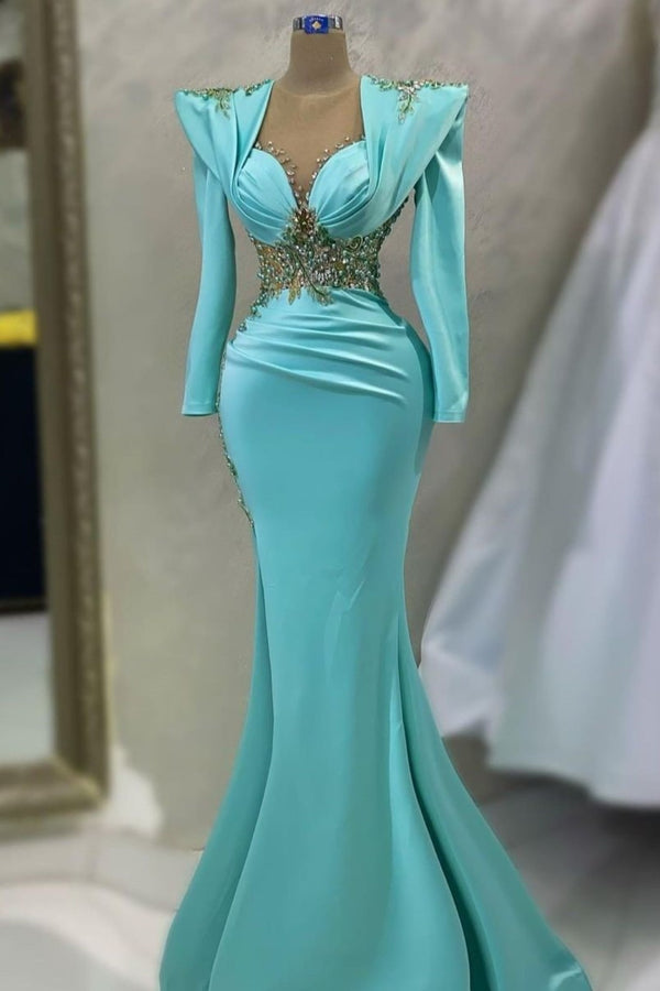 Satin Prom Dress with Emerald Sleeves Applikation Lang Mermaid