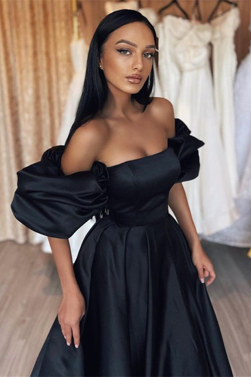 Strapless Black Mermaid Long Prom Dress with Bubble Sleeves