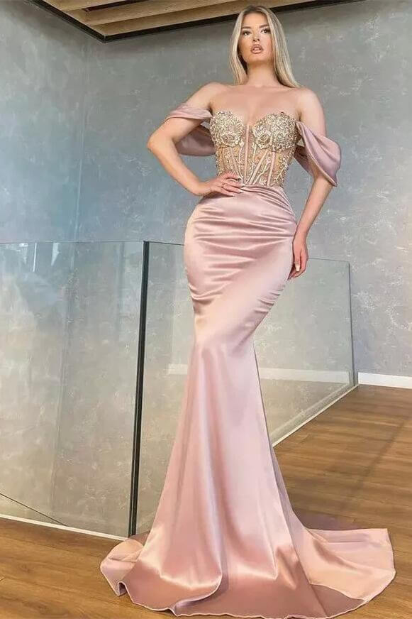 Off Shoulder Sweetheart Long Mermaid Prom Dress With Beads