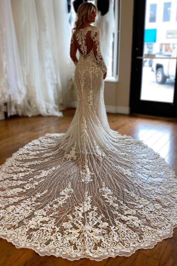 Bmbride Mermaid V-neck Tulle Lace Wedding Dress with Ruffles