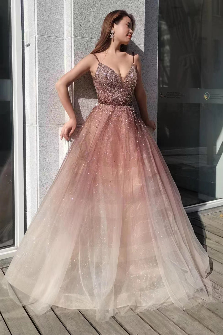 Ombre Spaghetti Straps Deep V Neck Tulle Prom Dress With Sequins Beads