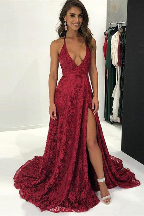 V-Neck Lace Prom Dress in Burgundy