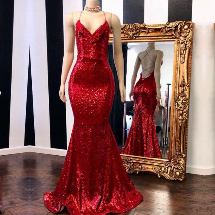 Sequined Red Spaghetti-Straps Mermaid Long Prom Dress