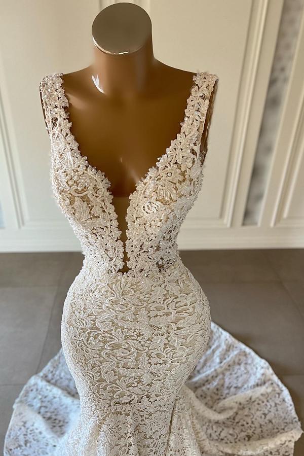 Bmbride Long Mermaid V-neck Floral Lace Wedding Dresses