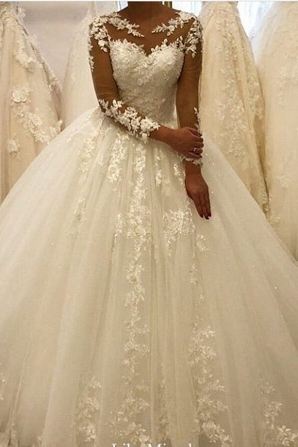 Bmbride A-Line Bateau Long Sleeve Appliques Lace Ruffles Tulle Wedding Dress