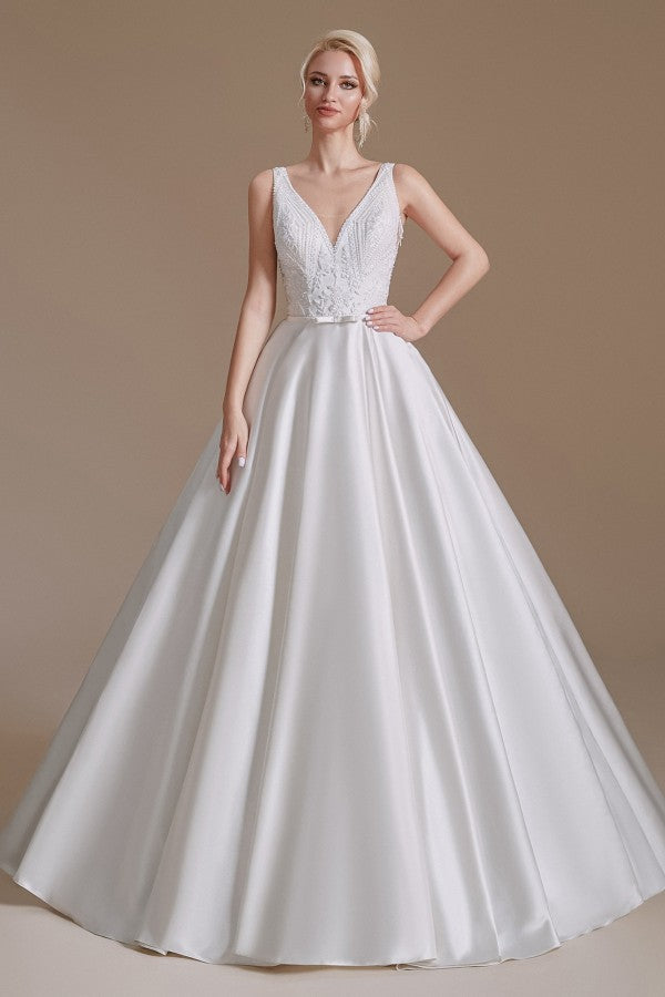 Bmbride A-line V-neck Satin Wedding Dress with Appliques Lace