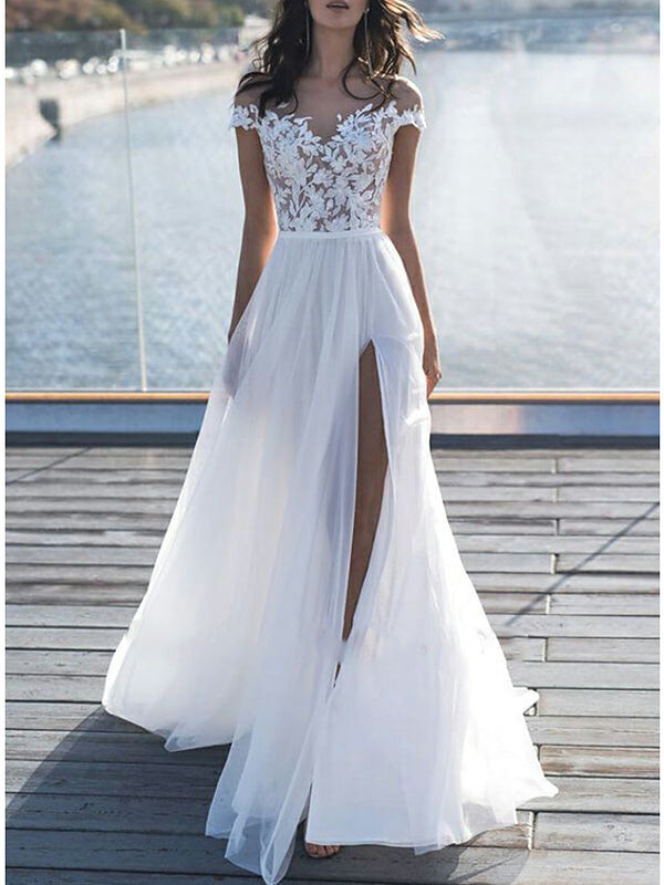 Bmbride A-Line Wedding Dress Off Shoulder Sweep Brush Train Lace Short Sleeve Beach Boho See-Through Illusion Detail