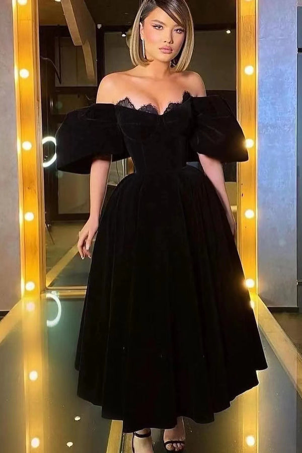 Off-The-Shoulder Black Prom Dress With Bubble Sleeves And Lace