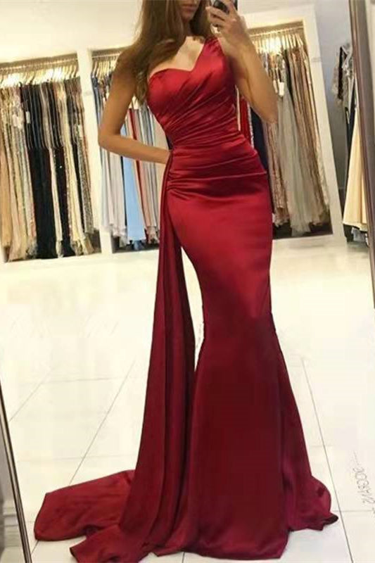 One Shoulder Mermaid Prom Dress With Ruffles in Wine Red