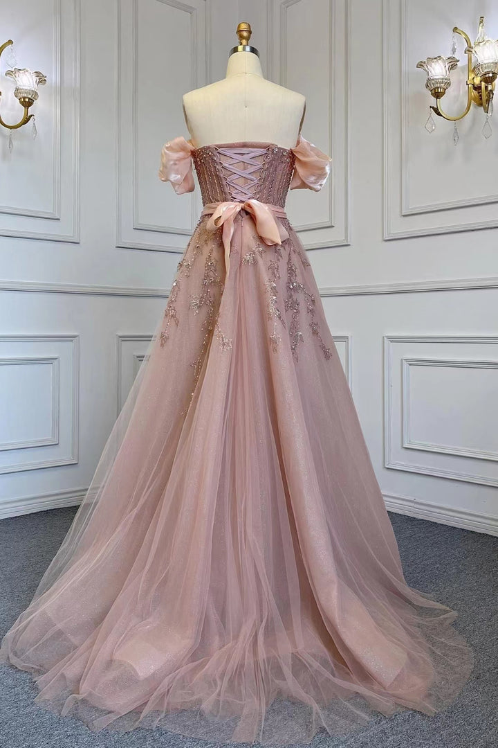 Pink Off-The-Shoulder Prom Dress with Bubble Sleeves Sequin Belt and Tulle