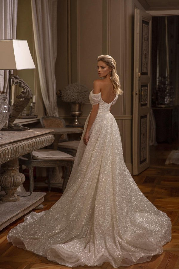 Bmbride Glitter Long A-line Off the Shoulder Wedding Dresses