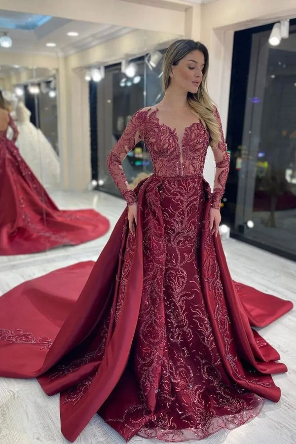 Rose Mermaid Evening Dress with Applique Sequins and Long Sleeves