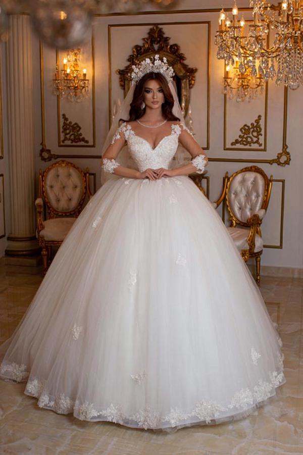 Bmbride Ball Gown Sweetheart Tulle Lace Open Back Wedding Dresses with Sleeves