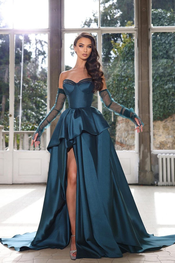 Ink Blue Prom Dress: Glamorous Half Sleeves Strapless Gown with High Slit