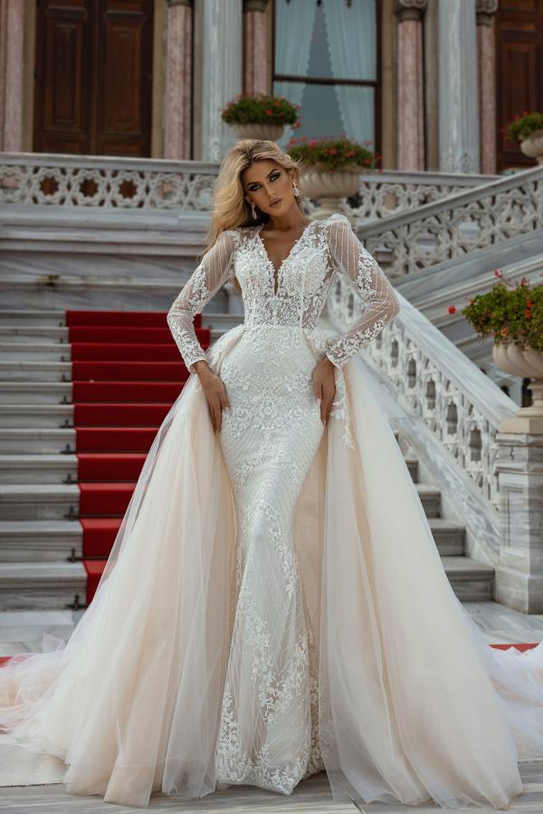 Bmbride Mermaid Long Sleeves A-Line Tulle Wedding Dress with Appliques and Charming V-neck