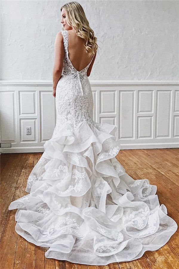 Bmbride Strapless Ruffled Lace Mermaid Wedding Dresses