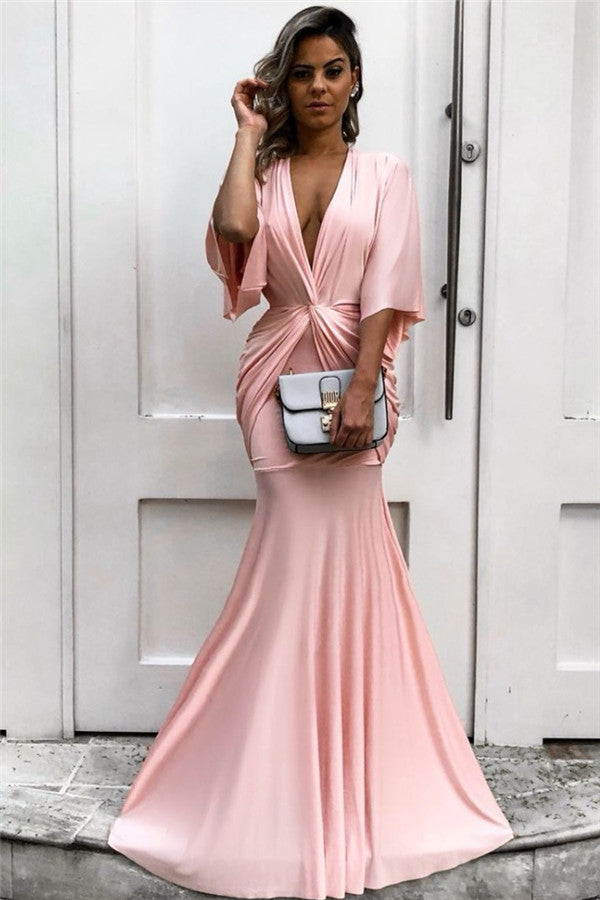 Mermaid Long Prom Dress Light Pink Half Sleeves