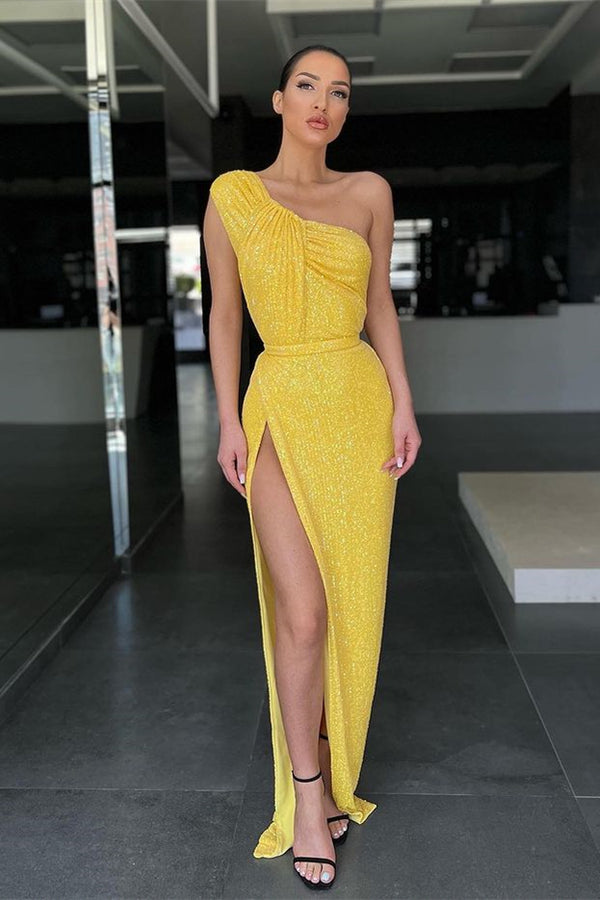 Yellow Evening Dress with One-Shoulder Sequins Mermaid Split