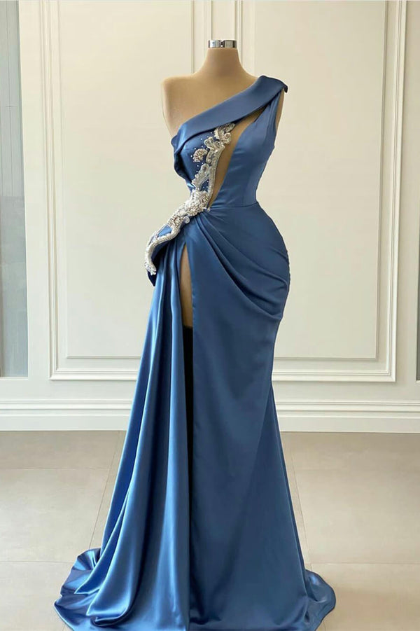 One Shoulder Blue Mermaid Prom Dress With Beaded