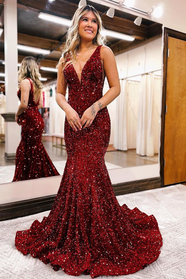 Sequins Charming V Neck Long Mermaid Sweep Evening Dress