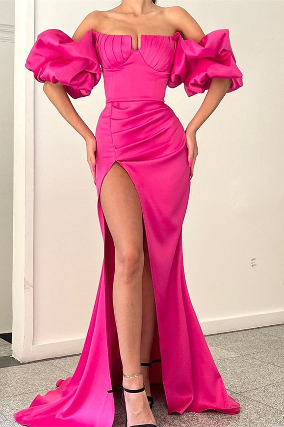 Strapless Off-the-Shoulder Fuchsia Puff Sleeves Mermaid Evening Dress With Split