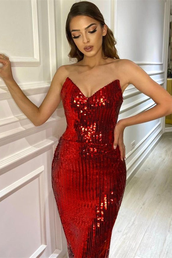 Burgundy Prom Dress V Neck Sequins Heart Mermaid