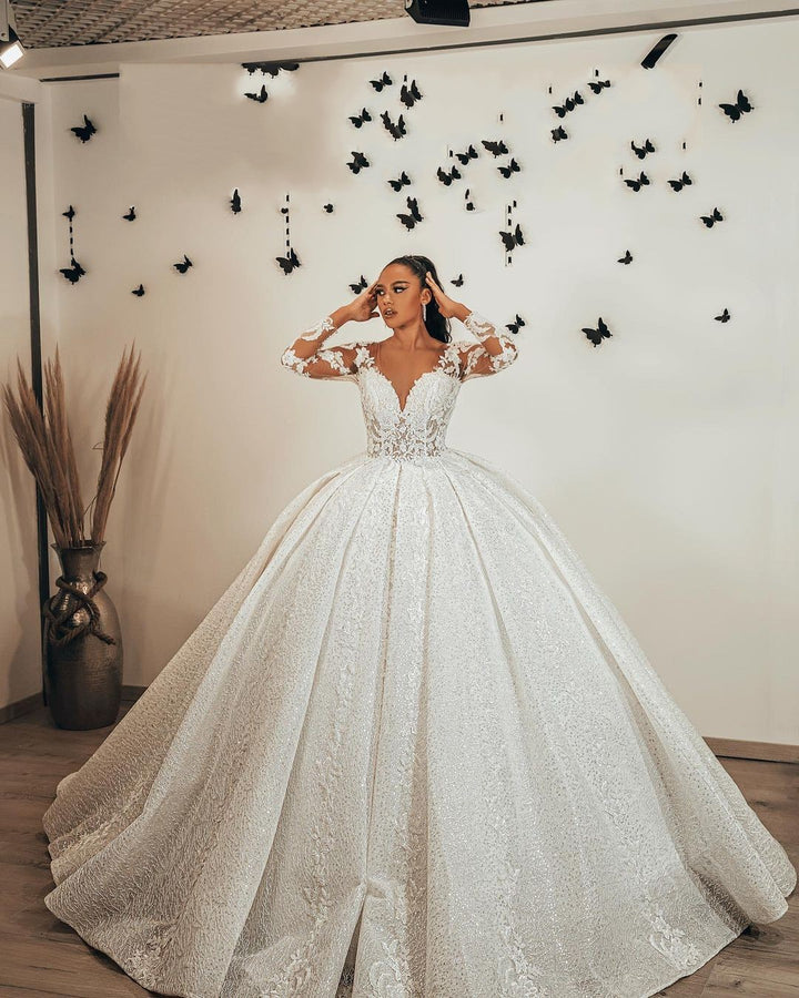 Bmbride Ball Gown Sweetheart Long Sleeve Wedding Dress