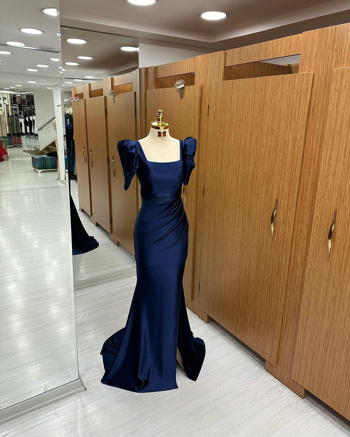 Long Royal Blue Mermaid Prom Dress with Bubble Sleeves and Square Neckline Slit