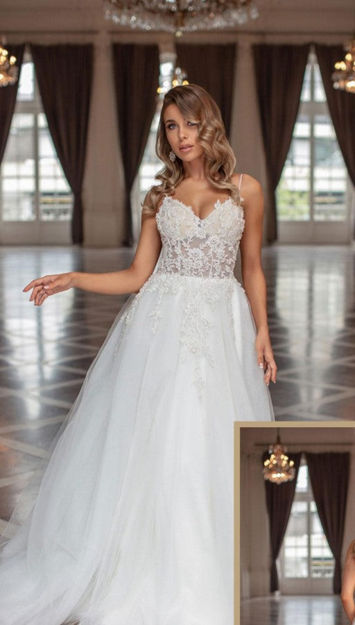 Bmbride Elegant A-line V-neck Tulle Lace Backless Wedding Gowns