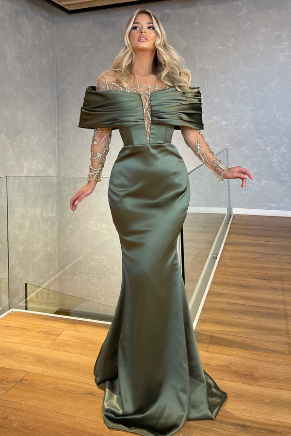 Off-the-shoulder Long Sleeves Green Prom Dress with Beadings Embellishments