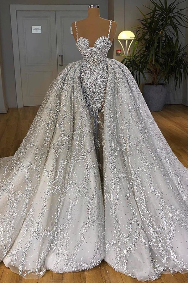 Bmbride Sweetheart Sequins Mermaid Wedding Dress with Ruffles Train