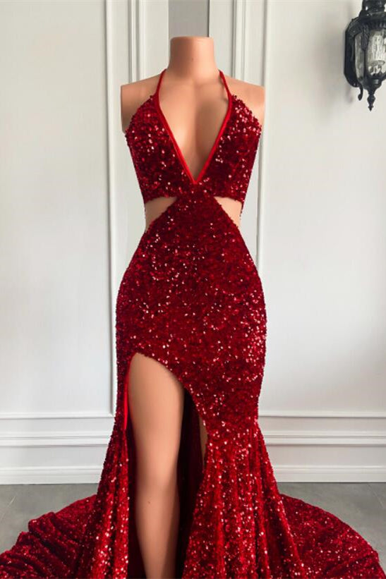 Halter Sequins Mermaid Prom Dress With Split - Wine Red