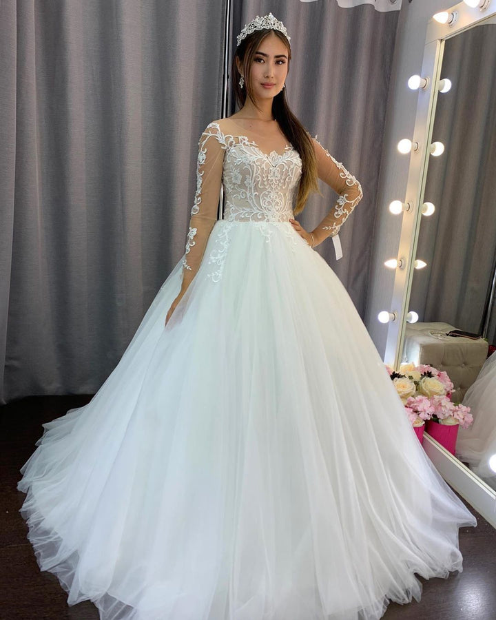 Bmbride A-line Tulle Long Sleeves Wedding Dress with Lace