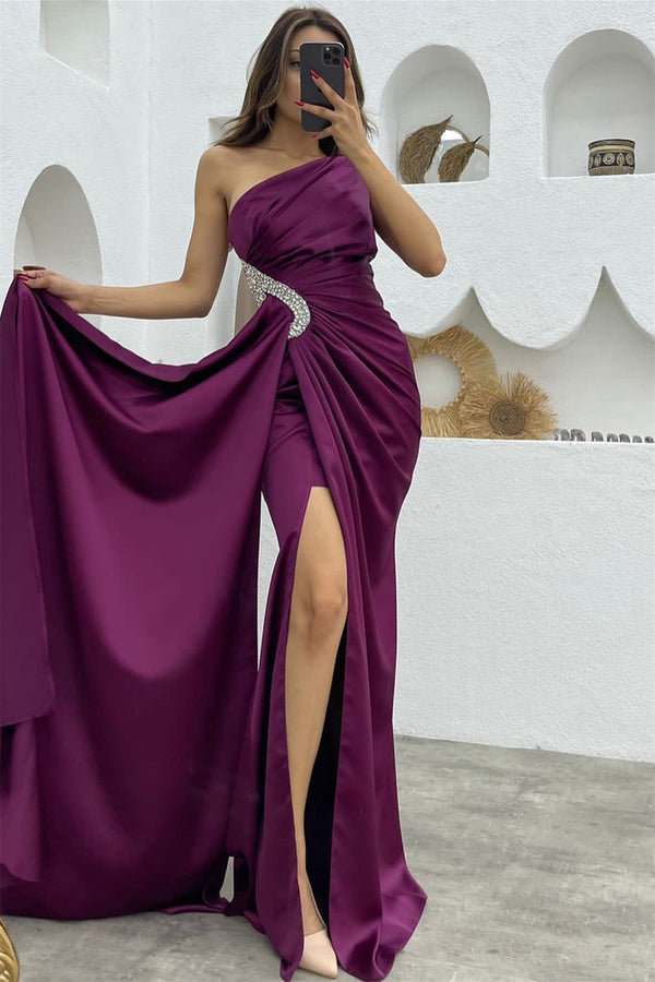 Dark Purple Mermaid Evening Dress With Split Sequins and One Shoulder Detail Featuring Long Ruffles