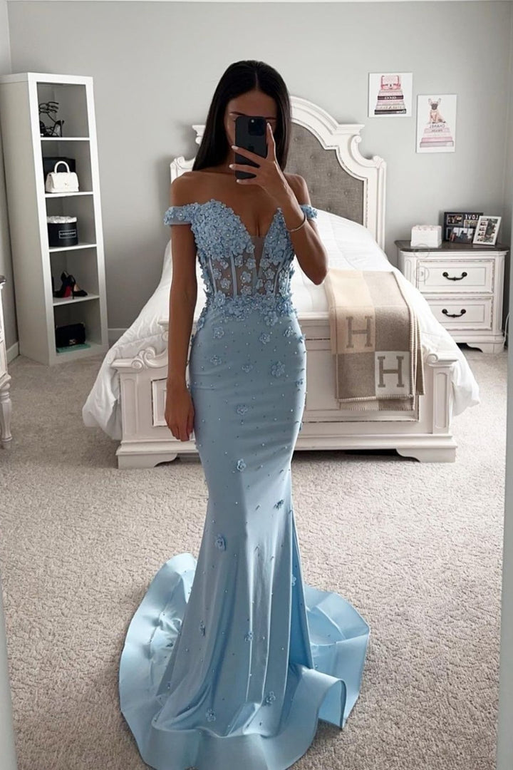 Blue Mermaid V Neck Off-the-shoulder Sleeveless Long Evening Dress