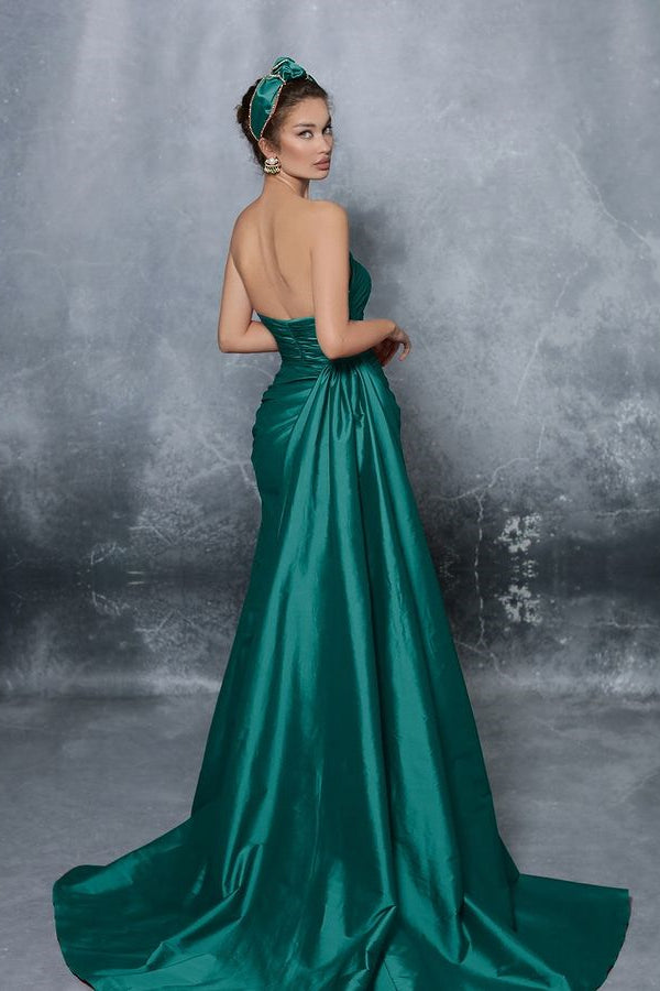 Blue Elegant Sleeveless Strapless Prom Dress with Pleated Slit