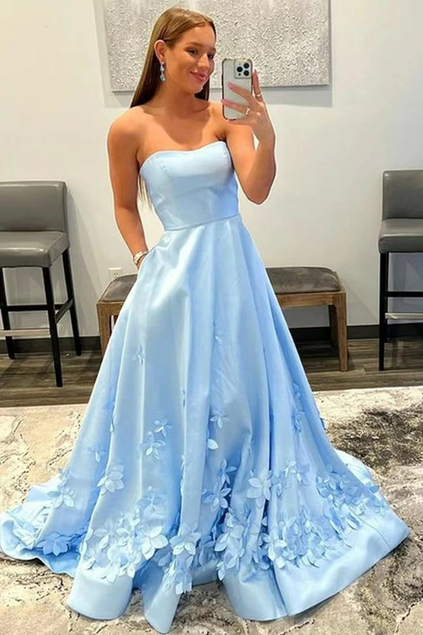 Online Baby Blue Strapless Sleeveless Appliques Evening Dress