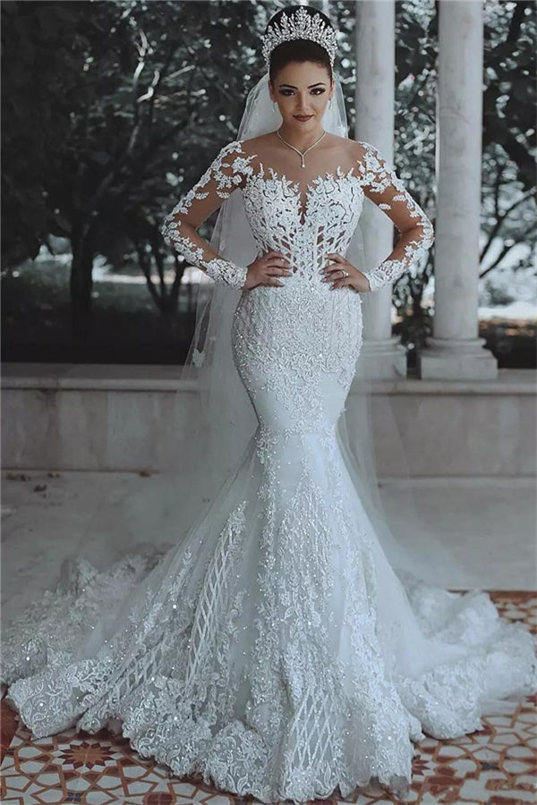 Bmbride Beaded Lace Mermaid Sheer Tulle Wedding Dresses with Sleeves