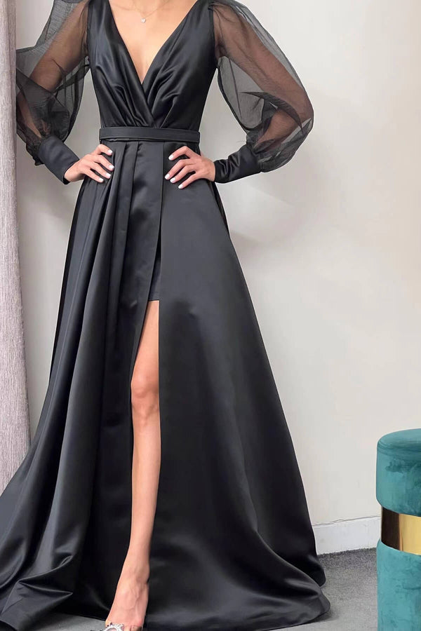 Puff Sleeves A-Line Slit Evening Dress