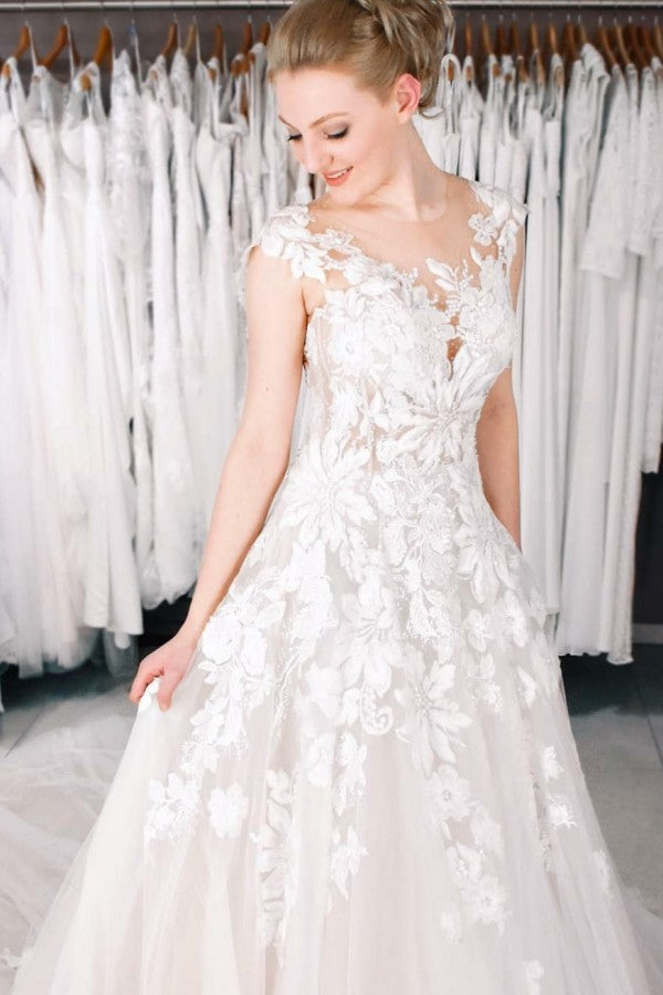 Bmbride A-Line Bateau Appliques Lace Pearl Floor-length Tulle Wedding Dress