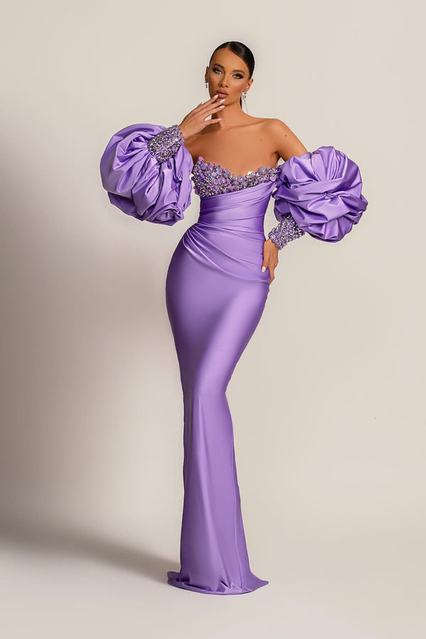 Mermaid Prom Dress with Purple Bubble Sleeves