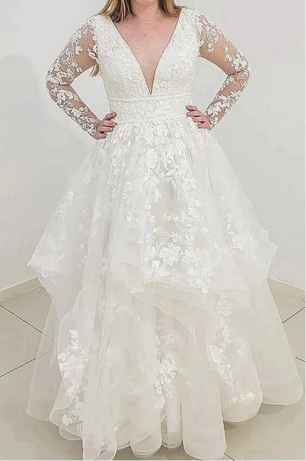 Bmbride Long Sleeve V-neck A-line Tulle Lace Wedding Dresses