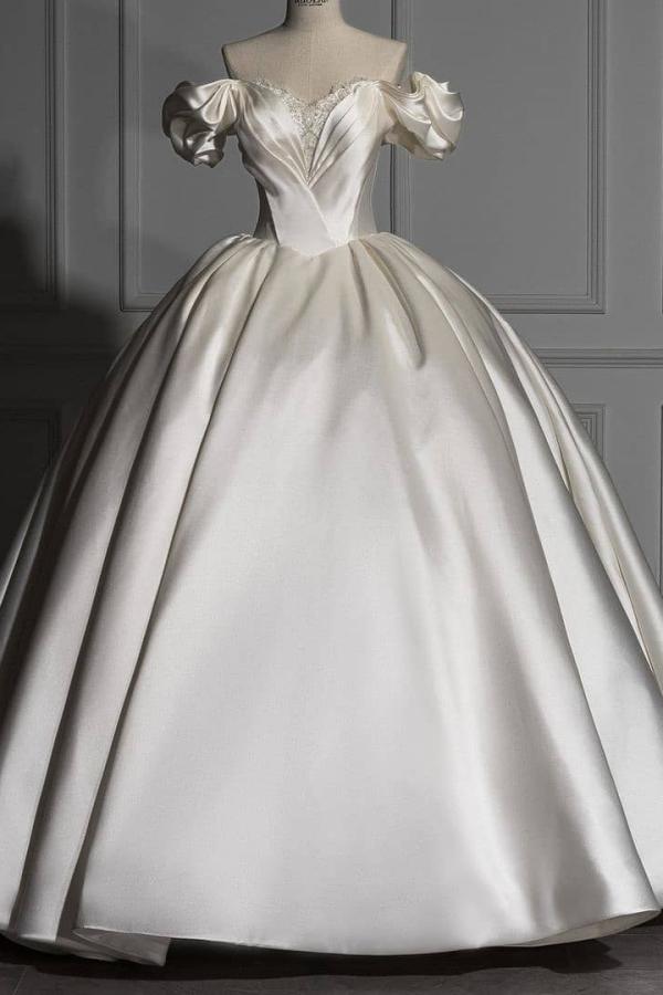 Bmbride Long Ball Gown Off the Shoulder Satin Wedding Dresses with Sleeves