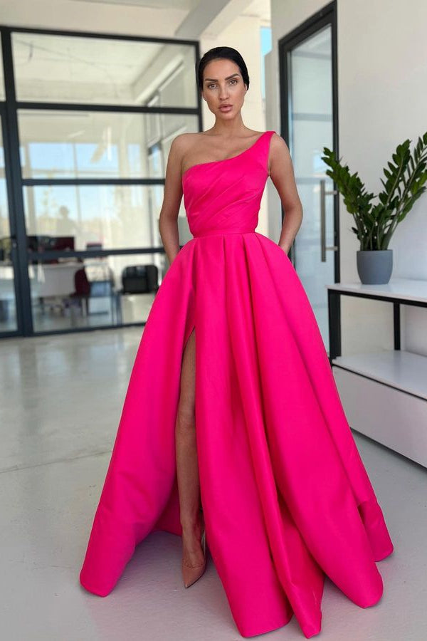 One Shoulder Ball Gown Prom Dress With High Slit in Rose