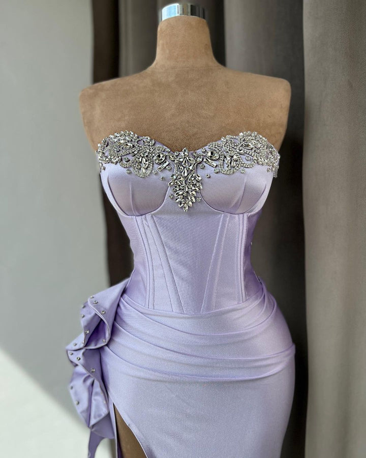 Light Purple Prom Dress With Rhinestone High Slit Gown Sleeveless