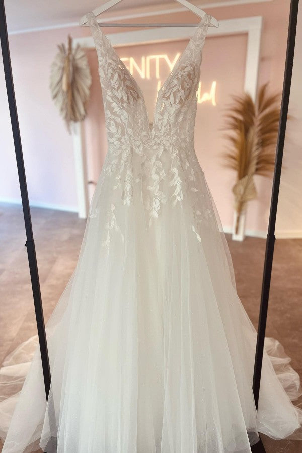 Bmbride Long Boho A-line V-neck Tulle Lace Backless Wedding Dresses